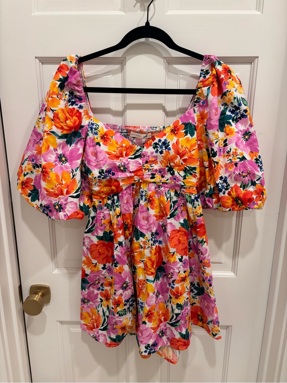 Altar'd State Pink & Orange Floral Puff-Sleeve Mini Dress